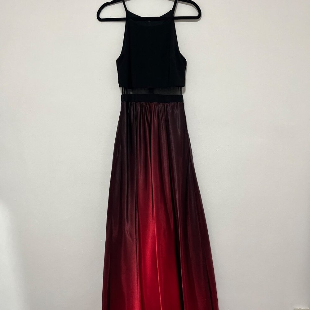 Two-Tone Black & Red Sleeveless Maxi Gown With Sheer Mesh Waist Detail And Gradi - Picture 3 of 15